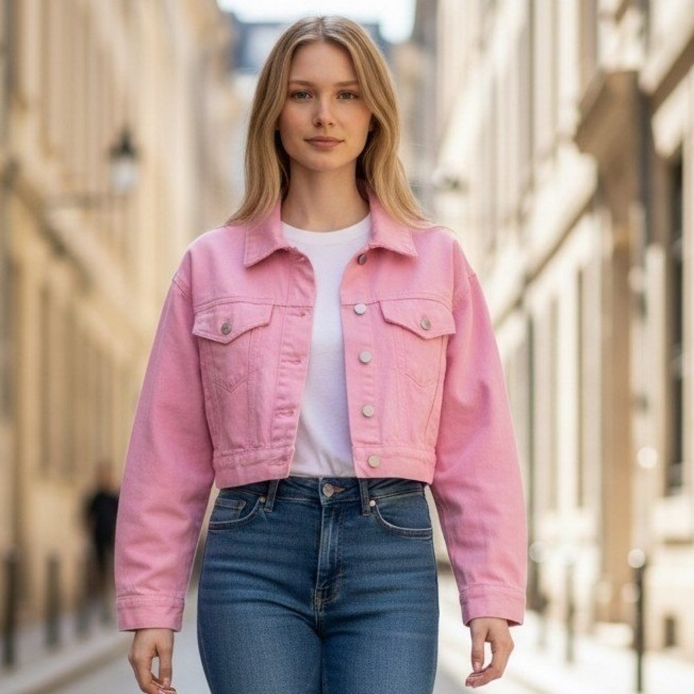Forever 21 Pink Cropped Denim Jacket Small Elastic Hem Trucker Coat